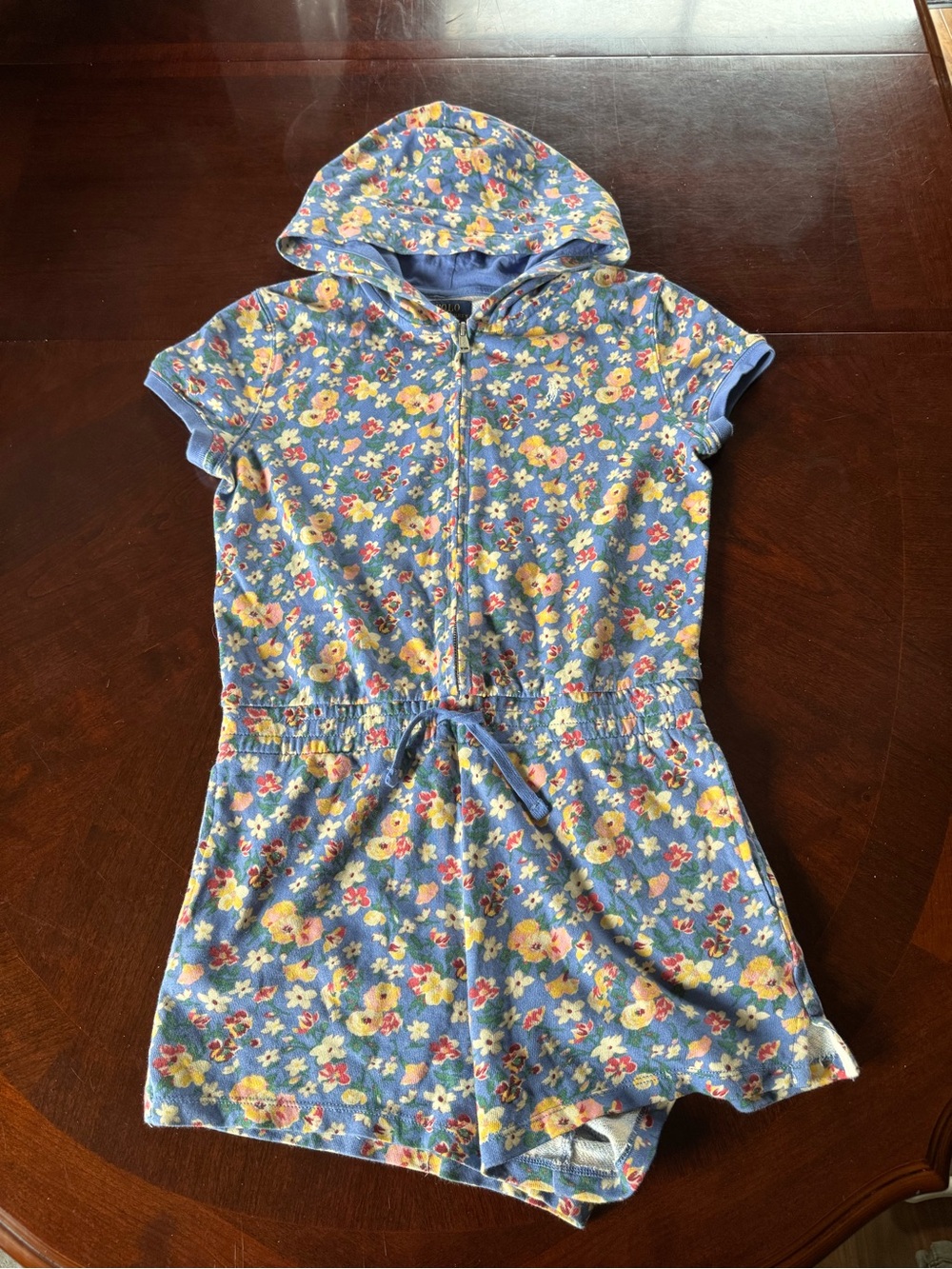 Polo Ralph Lauren Periwinkle Blue Floral Hooded Shorts Romper Sz Lg 12-14 Cotton